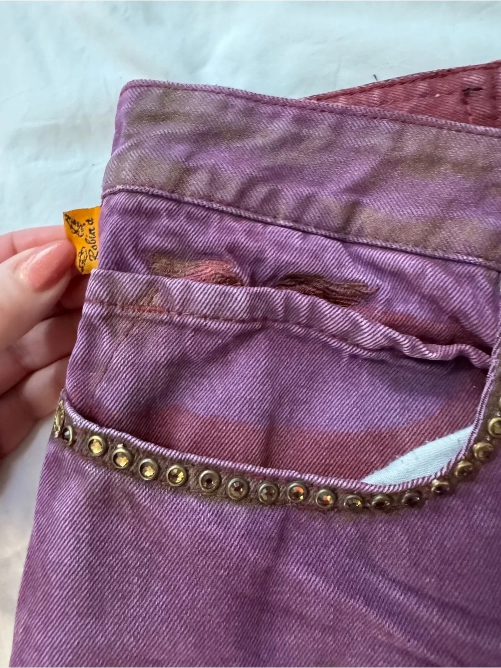 Robin's Jean Men's Burgundy Gold Acid Wash Tie Dye Straight Studded Jeans Sz 42
